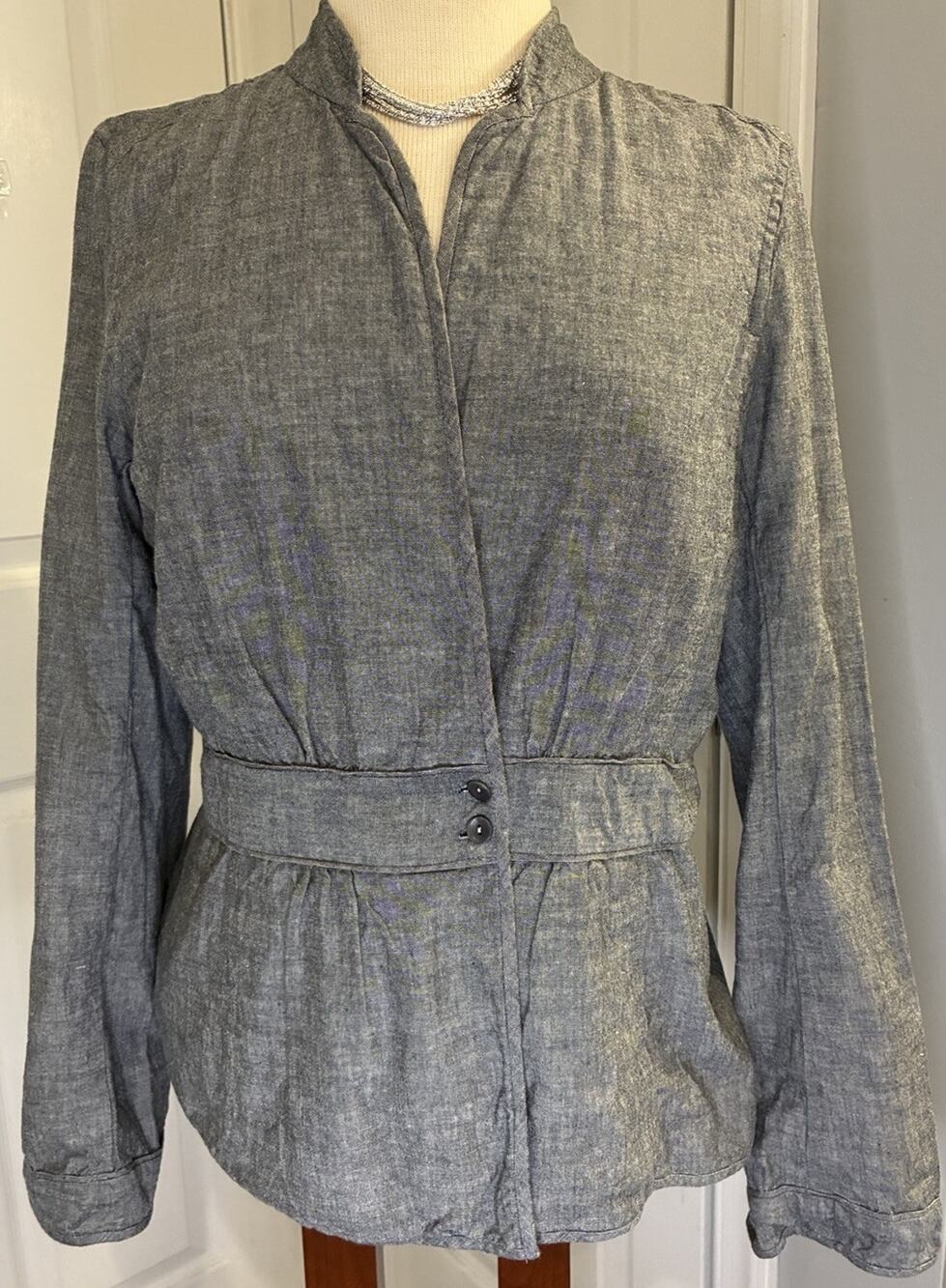 Eileen Fisher Jacket Womens Size Small Peplum Stand Collar 100% Cotton Chambray